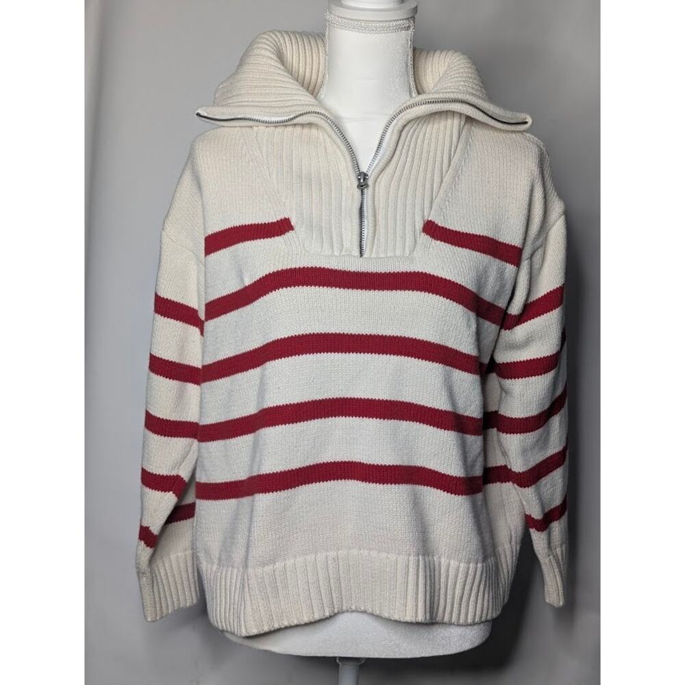 Ivory/Red Long Sleeve Striped Half Zip Pull Over Sweater Lg Cabincore Cozy Basic